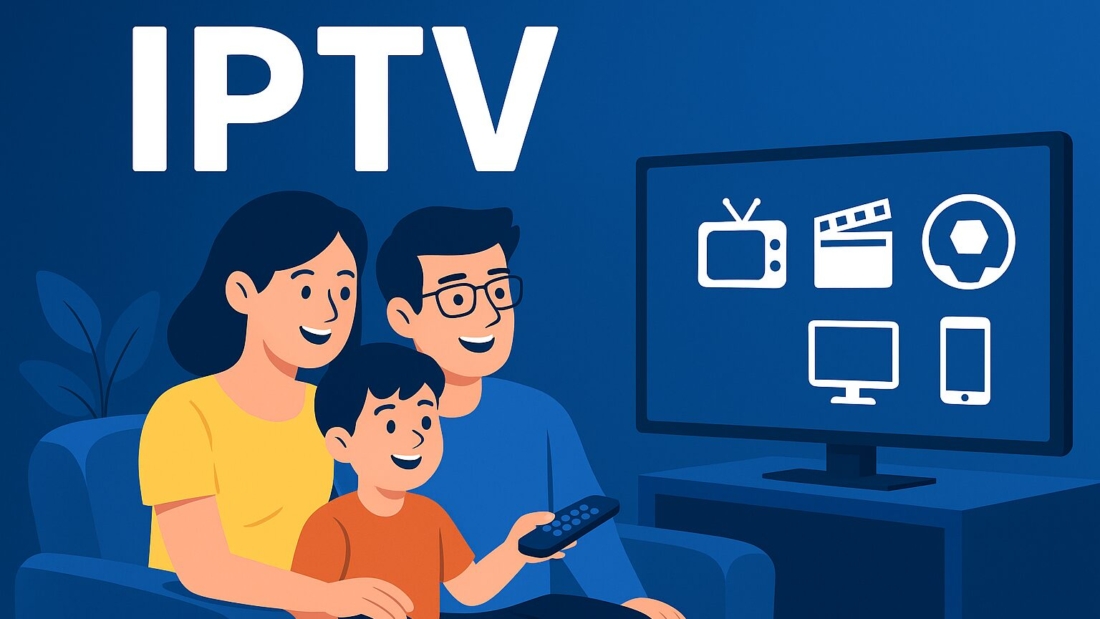 משפחה צופה יחד ב-IPTV בסלון ביתי חמים; איור ידידותי ומודרני