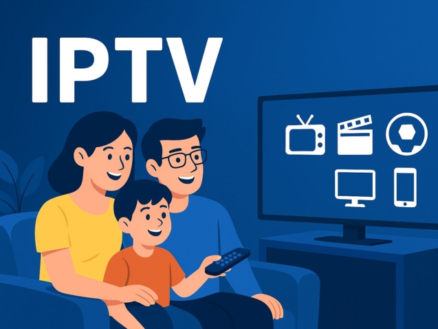 משפחה צופה יחד ב-IPTV בסלון ביתי חמים; איור ידידותי ומודרני