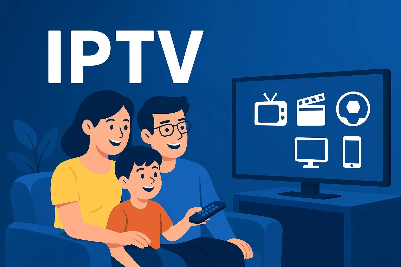 משפחה צופה יחד ב-IPTV בסלון ביתי חמים; איור ידידותי ומודרני