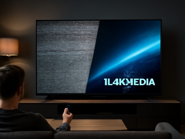 גבר יושב בסלון מודרני מול טלוויזיה 4K, חצי מסך מייצג IPTV ישראל חינם עם רעש, והחצי השני מציג תמונה חדה וברורה של IPTV ישראל מבית IL4KMEDIA.