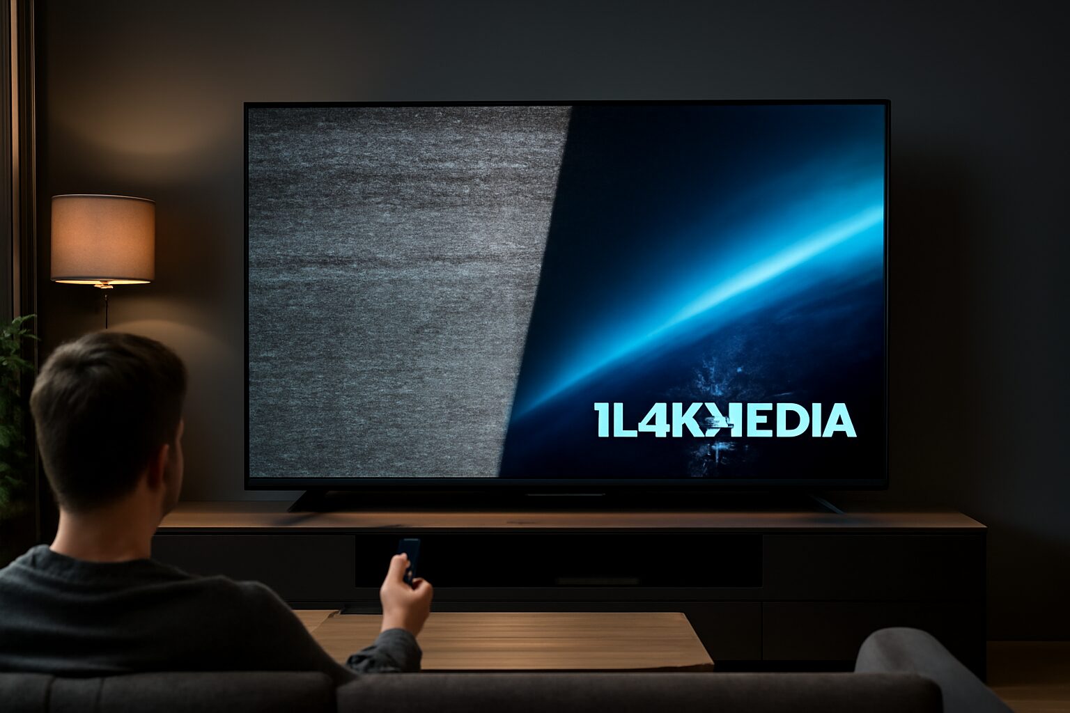 גבר יושב בסלון מודרני מול טלוויזיה 4K, חצי מסך מייצג IPTV ישראל חינם עם רעש, והחצי השני מציג תמונה חדה וברורה של IPTV ישראל מבית IL4KMEDIA.