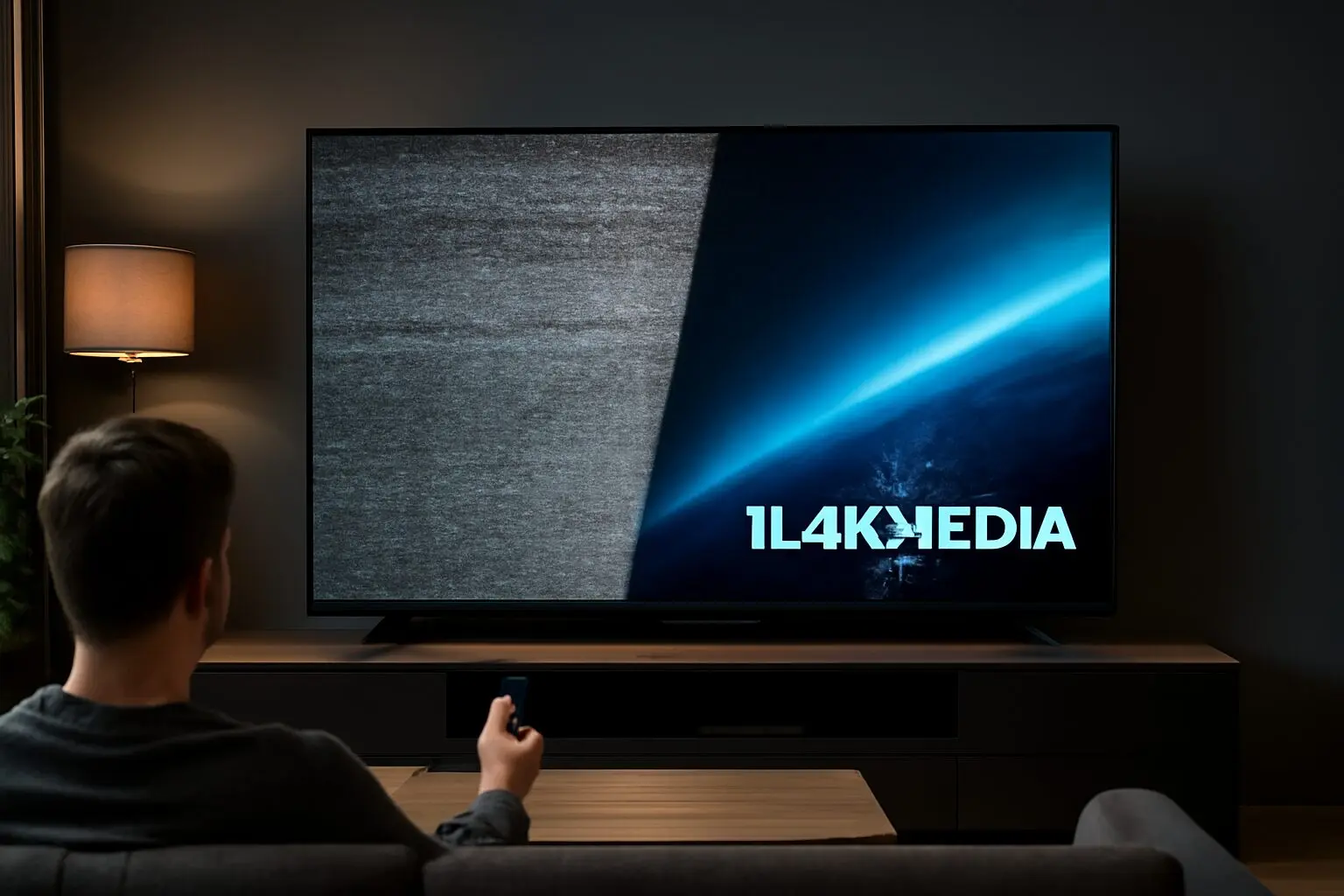 גבר יושב בסלון מודרני מול טלוויזיה 4K, חצי מסך מייצג IPTV ישראל חינם עם רעש, והחצי השני מציג תמונה חדה וברורה של IPTV ישראל מבית IL4KMEDIA.