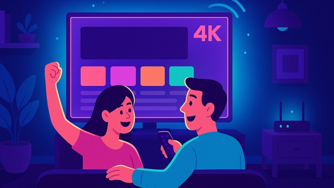 איך מתחברים ל IPTV – איור של סלון מודרני עם טלוויזיה גדולה וחוויית סטרימינג ביתית