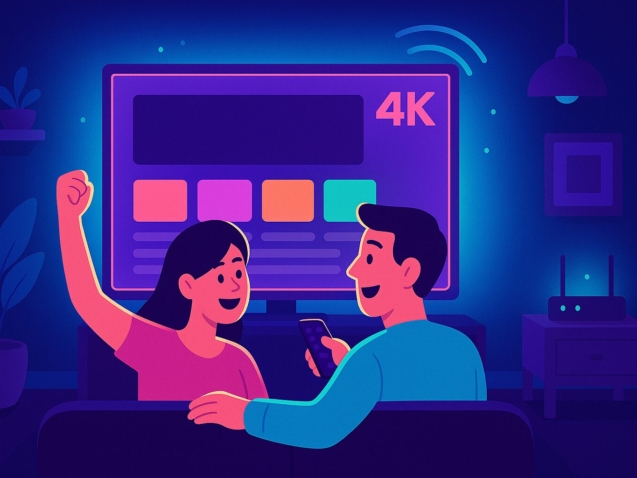 איך מתחברים ל IPTV – איור של סלון מודרני עם טלוויזיה גדולה וחוויית סטרימינג ביתית