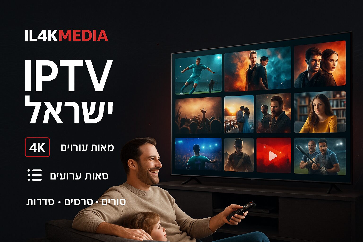 טלוויזיה חכמה בסלון מודרני המציגה שירות IPTV ישראל ב־4K, משפחה יושבת על הספה וצופה בתכני סטרימינג צבעוניים מבית IL4KMEDIA