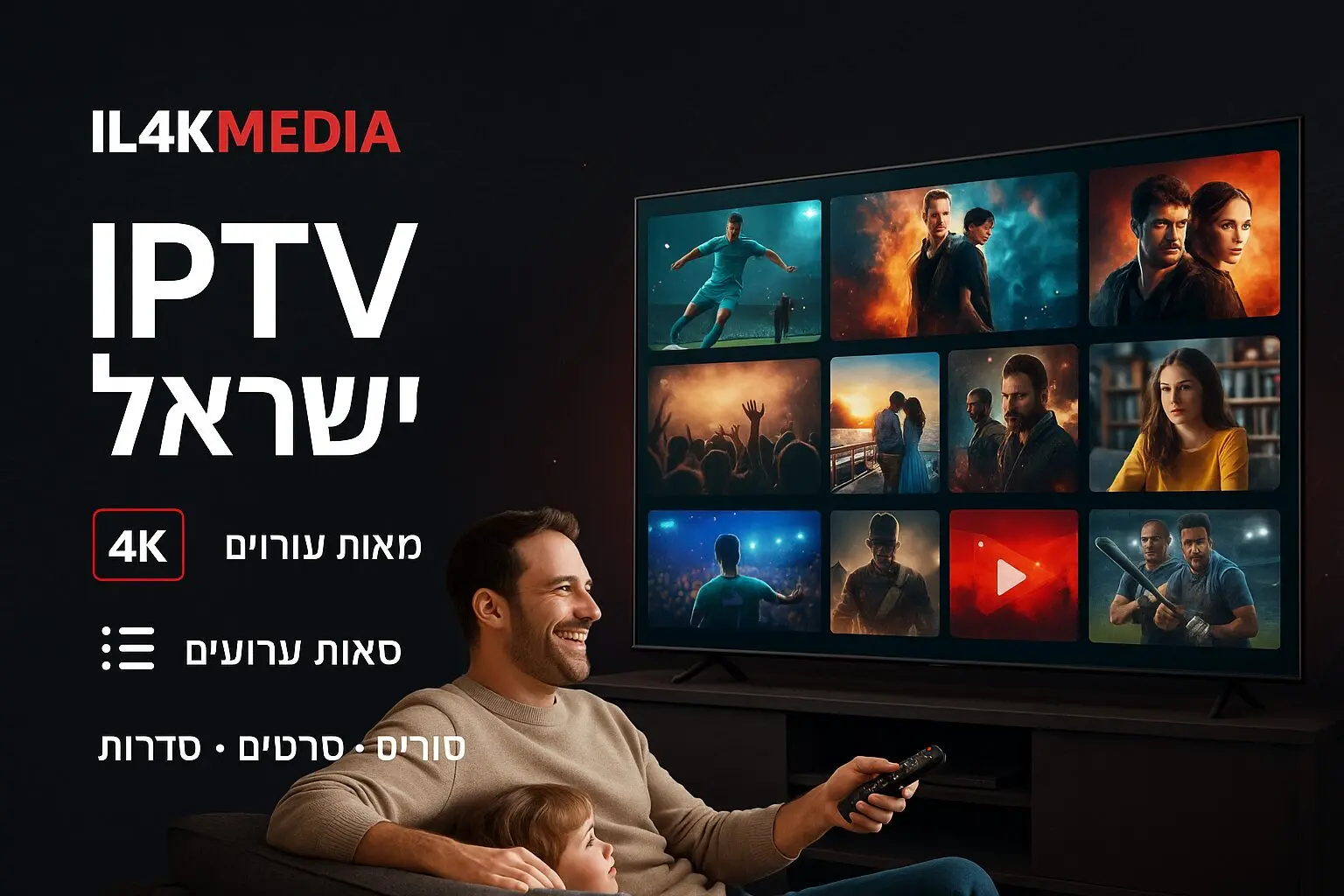טלוויזיה חכמה בסלון מודרני המציגה שירות IPTV ישראל ב־4K, משפחה יושבת על הספה וצופה בתכני סטרימינג צבעוניים מבית IL4KMEDIA