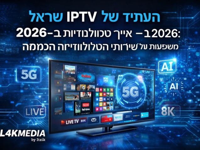 תמונה שיווקית למאמר על IPTV ישראל ב־2026, מציגה טלוויזיה חכמה עם שידורים ב־4K ו־8K, עם טכנולוגיות חדשות כמו 5G ו־AI, שמביאות שיפור מהותי לשירותי IPTV.