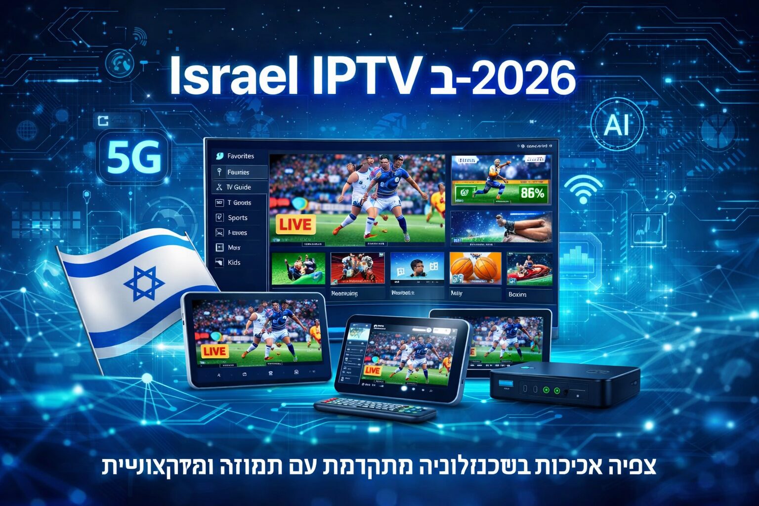 תמונה שיווקית הממחישה את שירותי IPTV ישראל ב־2026, עם טכנולוגיות כמו 5G, AI ושידורים חיים של ספורט על טלוויזיה, טאבלטים ומכשירים ניידים.