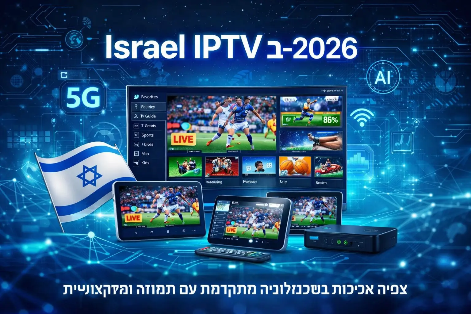 תמונה שיווקית הממחישה את שירותי IPTV ישראל ב־2026, עם טכנולוגיות כמו 5G, AI ושידורים חיים של ספורט על טלוויזיה, טאבלטים ומכשירים ניידים.