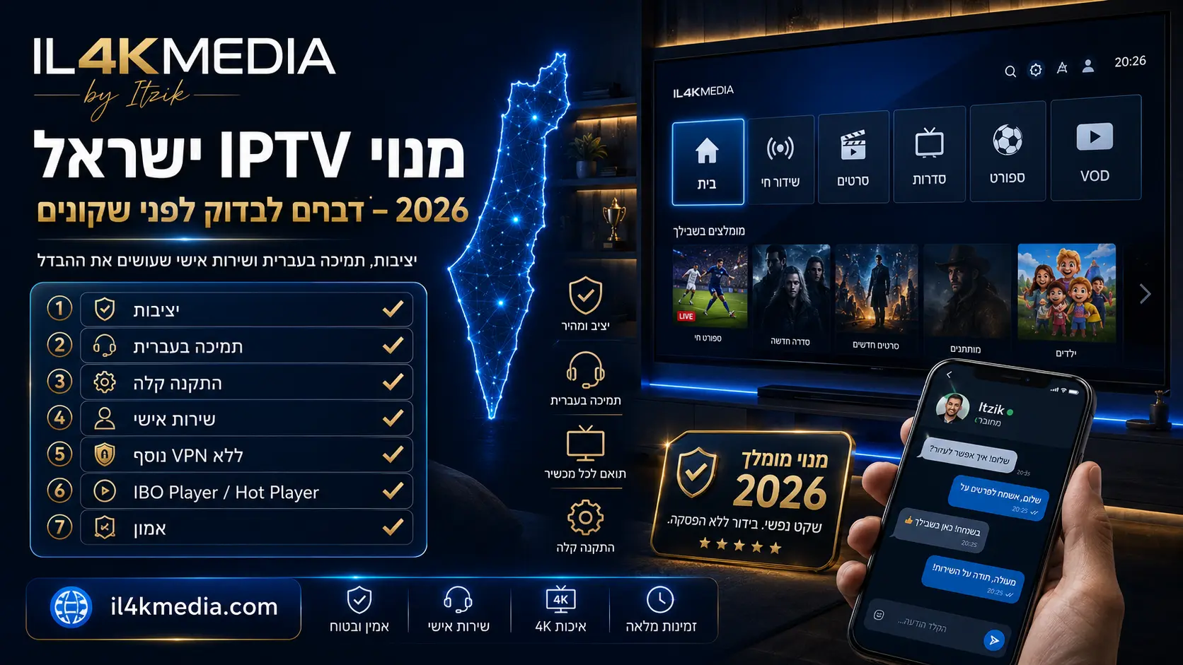 מנוי IPTV ישראל 2026 עם תמיכה בעברית, התקנה קלה ושירות אישי של IL4KMEDIA by Itzik